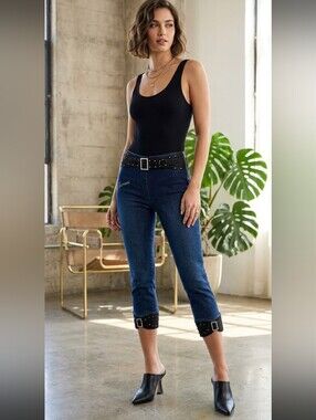 Rare Y2K Mariella Burani Denim Low Rise Capri With Mesh & Swarovski Crystals
